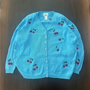 Vintage Quacker Factory Blue Cherry Embroidered Cardigan